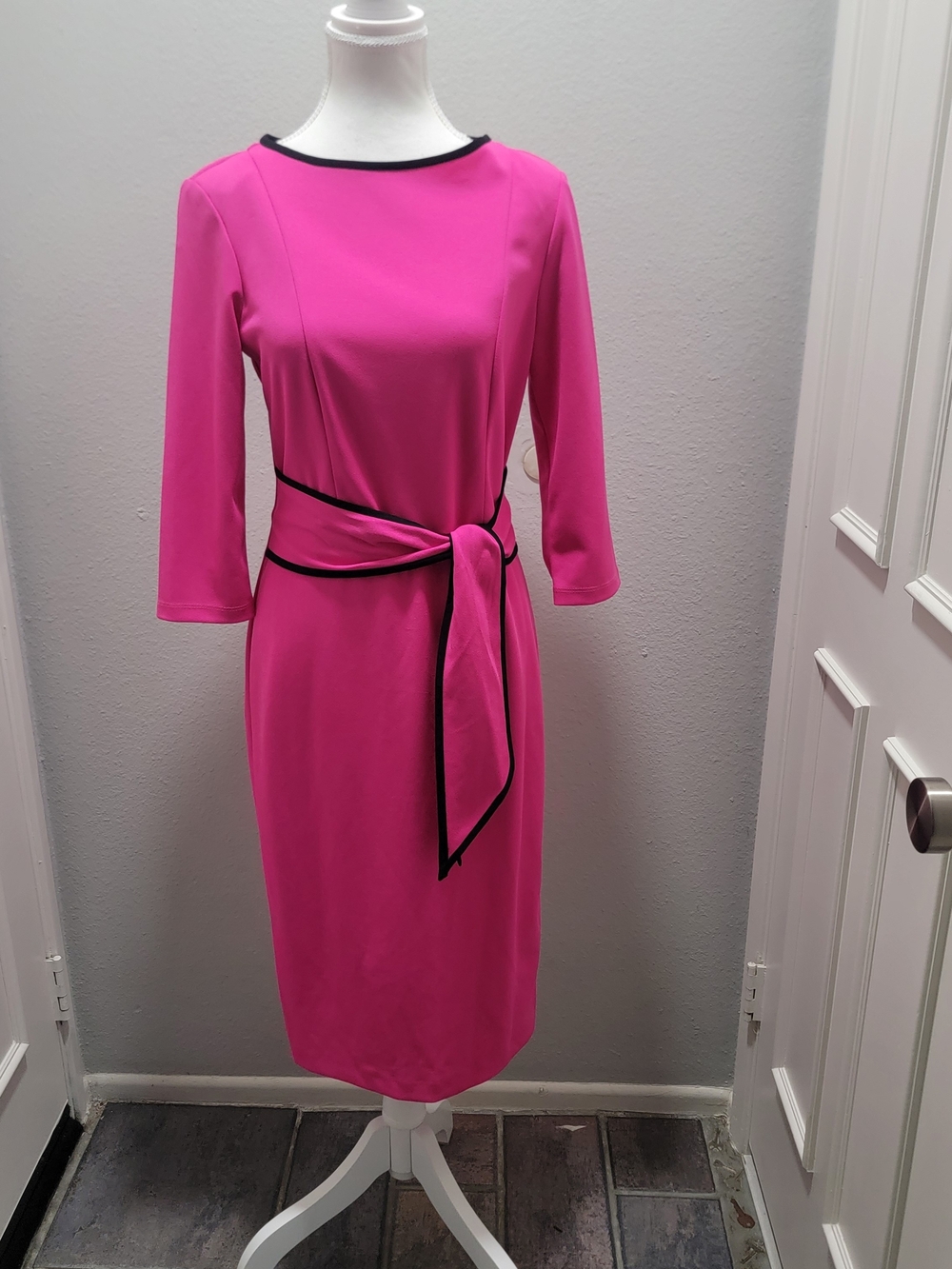 Joseph Ribkoff Hot Pink Sheath Dress with Black Trim and Waist Tie
